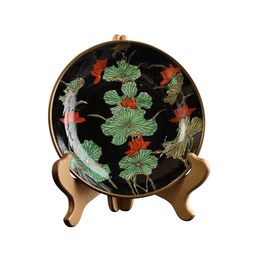 Vintage 50s-70s ACF Japan Lotus Hand Painted Porcelain Bowl Encased In Brass